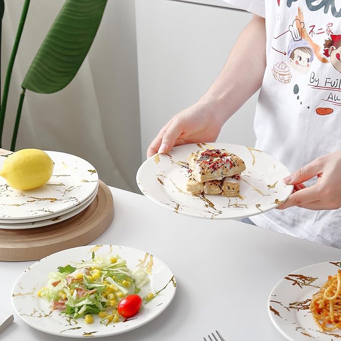 Modern 6-Piece Dinner Plate Set, 10-Inch White Marble Ceramic Plates with Gold Rim, Elegant Appetizer Salad Dessert Plates for Everyday Dining & Party.