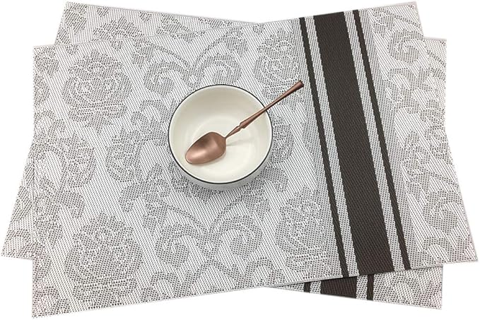 Gugrida Silver Placemats Dining Table, Heat-Resistant Placemats Stain Resistant Anti-Skid Washable PVC Table Mats Woven Vinyl Placemat, Set of 6