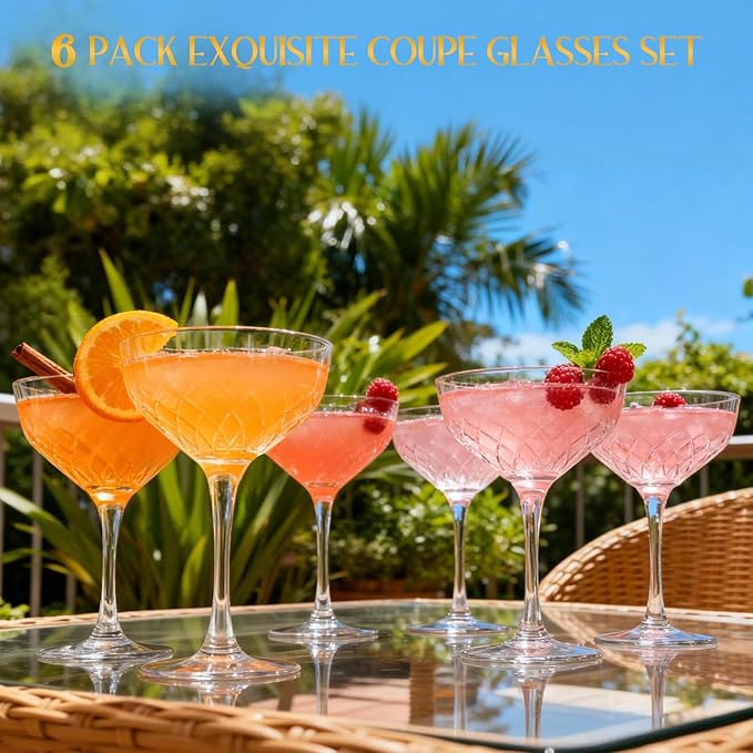 Coupe Glasses Set of 6, Diamond Style Classic Crystal Glass Martini Glasses, Clear Hand Blown Cocktail Glasses for Drink, Martini, Espresso Martini, Home Bar