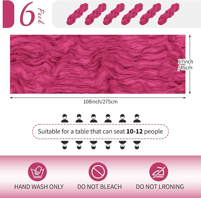 6 Pack Hot Pink Cheesecloth Table Runner 17x108 Inch Semi Sheer Boho Gauze - Image 2