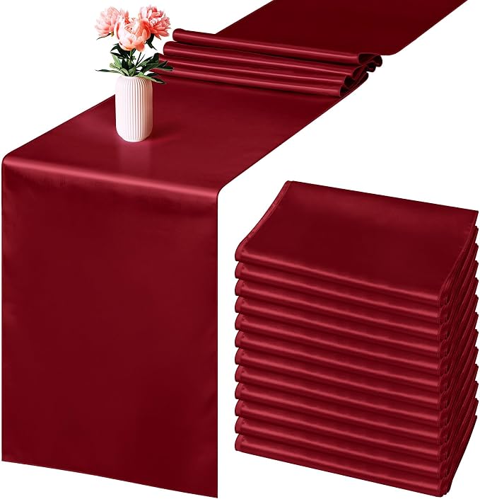 Aneco 16 Pack Satin Table Runner 12 x 108 Inch Burgundy Long Wedding Satin Silk by Aneco