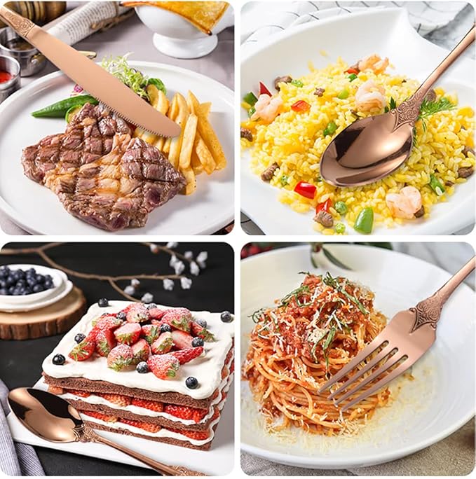 Vintage Rose Gold Silverware Flatware Set for 16, European Classic Style 64 Pieces Stainless Steel Tableware Cutlery Set,Fine Kitchen Utensils for Wedding Restaurant Hotel Christmas