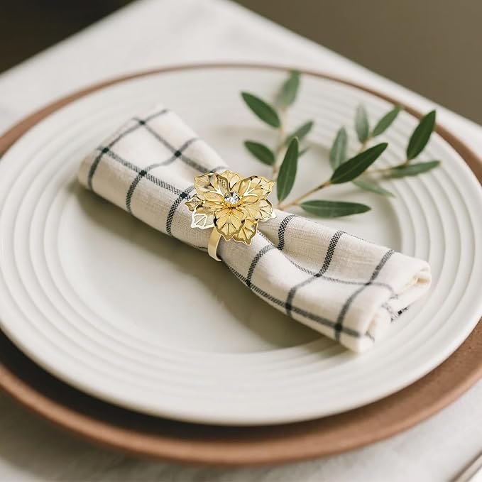 Gold Napkin Rings, Thanksgiving Christmas Napkin Rings Set of 12, Nickel-Plated Steel Table Decor for Festival Party - Floral