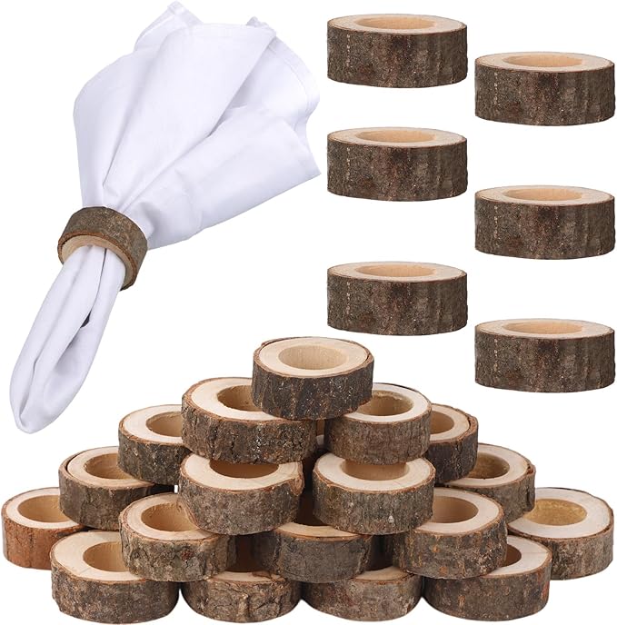 Set of 24 Wooden Bark Napkin Ring Handcrafted Wooden Napkin Holder Rustic Napkin Rings Buckles Party Gift Farmhouse Table Decoration for Dining Wedding Birthday, Everyday