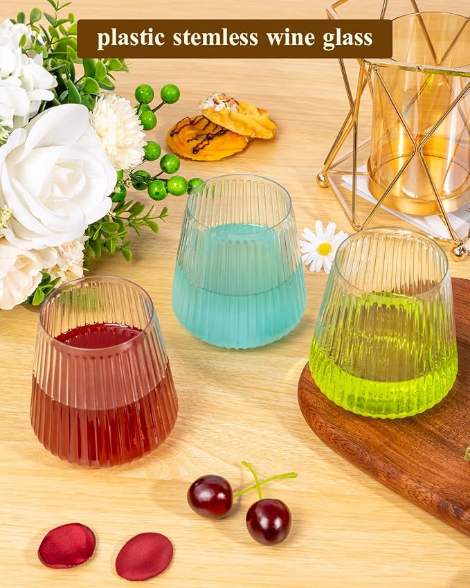 Goodluck 120 Pack 12oz Stemless Clear Plastic Wine Glasses | Clear Ribbed Cups - Image 4