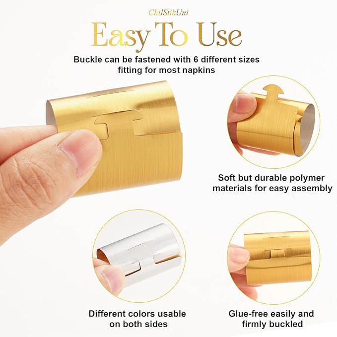 Christmas Napkin Rings Set of 100, 2 Colors in 1, Reusable Adjustable Napkin Bands for Holiday Parties, Wedding, Thanksgiving Table Decor, Waterproof Tear-Proof (Brushed Gold) Great Gift Idea