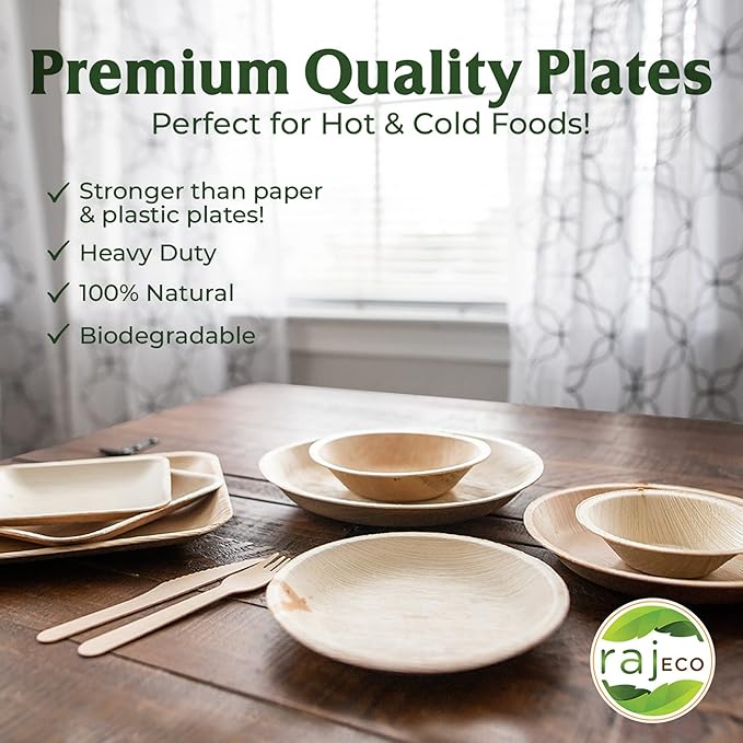 Raj Palm Leaf Plates [50-Pack] 10" Round Plates (2 CASES - 100 PACK) like Bamboo plates Disposable, Strong, Decorative Compostable Tableware for weddings, Lunch, Birthday, Camping, Outdoor
