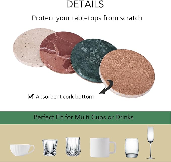 Natural Travertine Marble Coaster Set of 4-4 Inch Round Handmade Stone Drink Coasters, Absorbent & Non-Slip Cork Backing