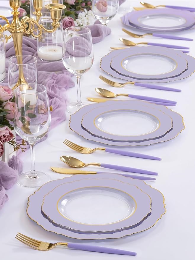 WDF 60pcs Clear Purple Plates Disposable with Gold Rim - Baroque Lavender Purple Plastic Plates for Party/Wedding/Spring Picnic