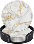 Coasters for Drinks PU Leather,Set of 6 with Holder,Round Housewarming Gift Home Decor,White and Golden Marble