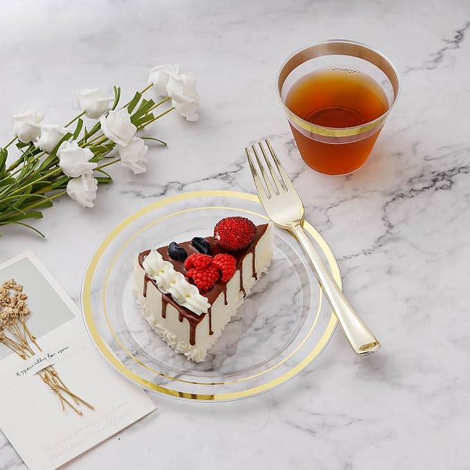 BESTVIP 50Pcs Clear Gold Plastic Plates, 10.25 Inch Disposable Plates | Heavy - Image 2