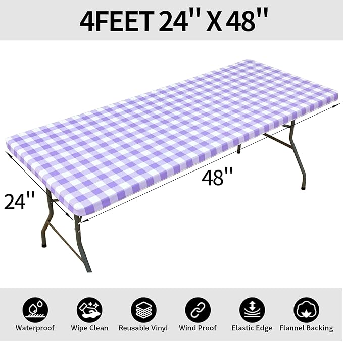 Smiry Rectangle Picnic Table Cloth, Elastic Waterproof Fitted Vinyl Tablecloths, Flannel Backed Buffalo Plaid Table Covers for Dining, Camping, Outdoor (White and Purple, 24" x 48")