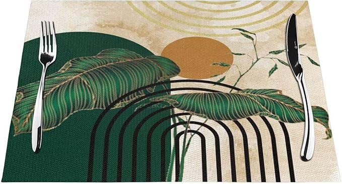 Abstract Emerald Placemats Minimalist Modern Contemporary Aesthetic Vintage Arch Neutral Washable Place Mats 12x18Inch for Dining Kitchen Farmhouse Decor 6 PCS