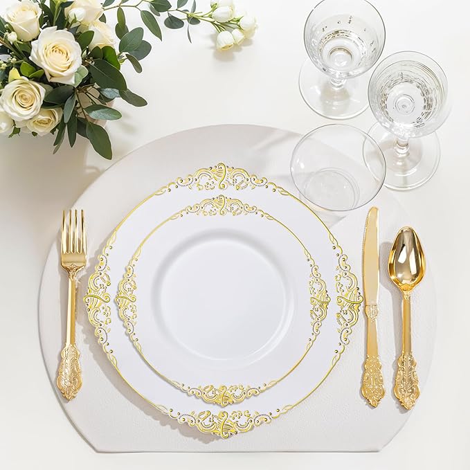 Nervure 100Pcs White and Gold Plastic Plates - 10.25Inch Gold Disposable Plates - Heavyweight Dinner Plate for Wedding & Party