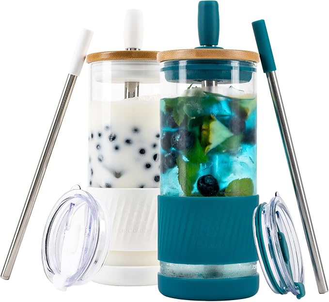 Pandaloo® Glass Cups With Lids and Straws -20 Fl Oz- Perfect Size Iced Coffee by Pandaloo