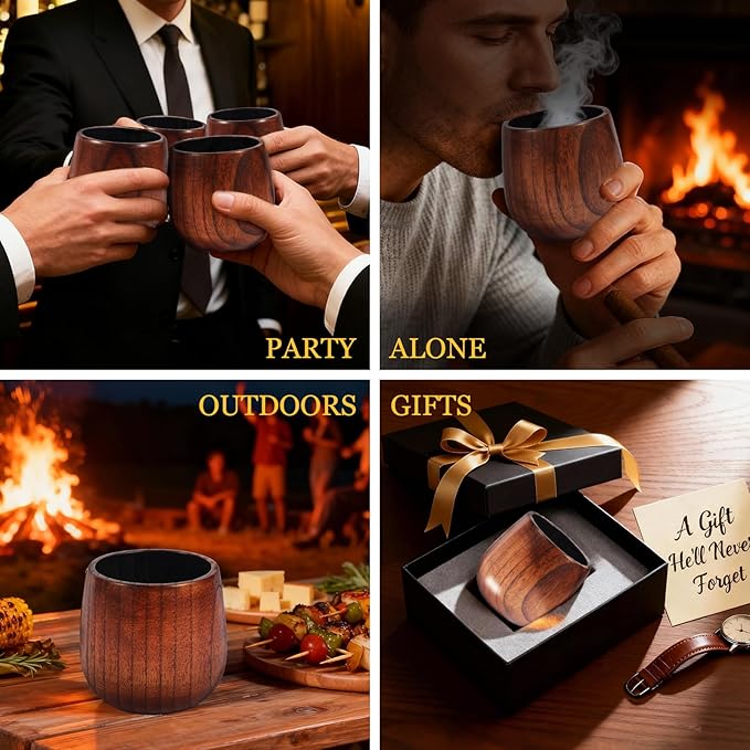 Original Wooden Bourbon Whiskey Glasses Set of 1, Handcrafted Charred Oak Wooden Bourbon Tumblers for Scotch, Unique Gifts for Men(1Pack)