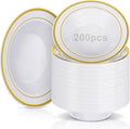 Jinei 200 Pieces 6 oz Plastic Bowls with Rim Small Disposable Soup Bowls for Dessert Salad Soup Candy Wedding Thanksgiving Catering Holidays Party Supplies (White,Gold Rim)