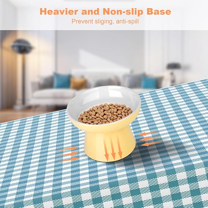 Elevated Cat Bowls,2 Pcs Ceramic Raised Cat Food Bowls with Non-Slip Base,Whisker-Friendly Shallow Design,Lead & Cadmium Free Pet Feeder,Dishwasher and Microwave Safe (Orange&Yellow)