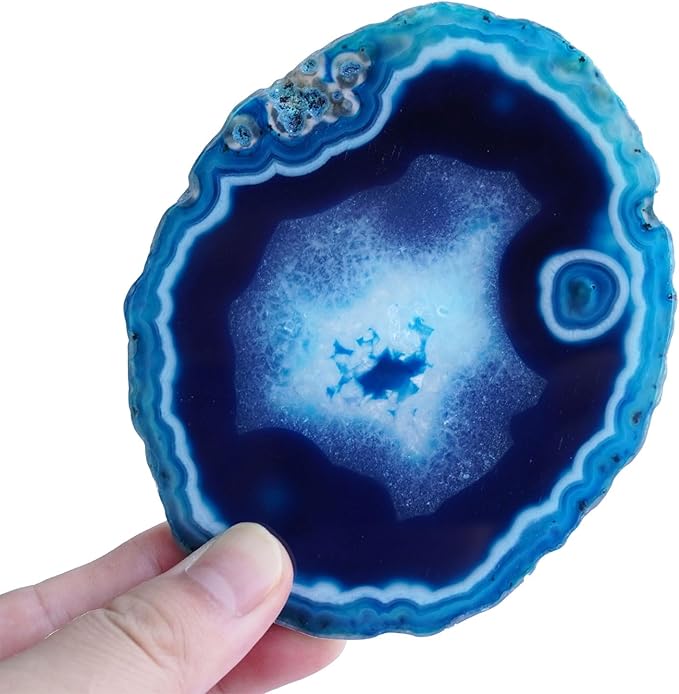 Blue Agate Coasters Set of 4 3-4'',Crystal Geode Stone Coasters with Rubber Bumpers,Agate Slices for for Drink Home Decor, Coffee Table, Bar Accessories,Birthday Gift