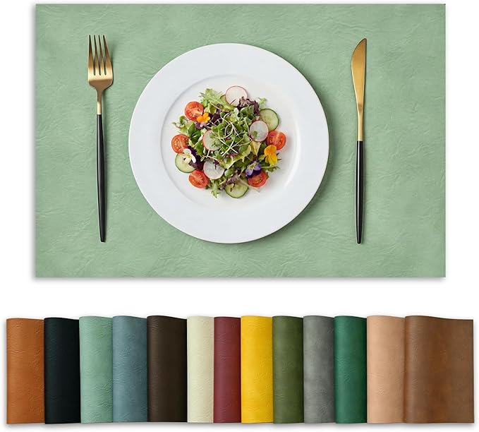 Artoid Mode Sage Faux Leather Placemats Set of 4, 12x18 Inch Waterproof Wipeable Heat Resistant Vinyl Place Mats, Reversible Table Mats for Spring Kitchen Dining Decor