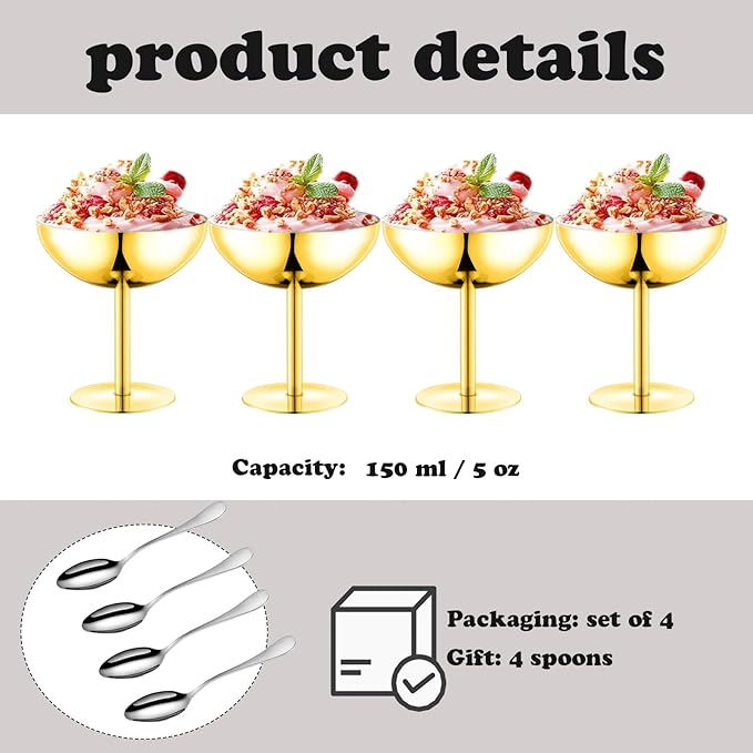 Ice Cream Bowls Stainless Steel Dessert Cups with Spoons Reusable Footed Sundae Cups Ice Cream Cups for Dessert, Frozen Yogurt, Gelato, Birthday Party Decorations (4, Glod)