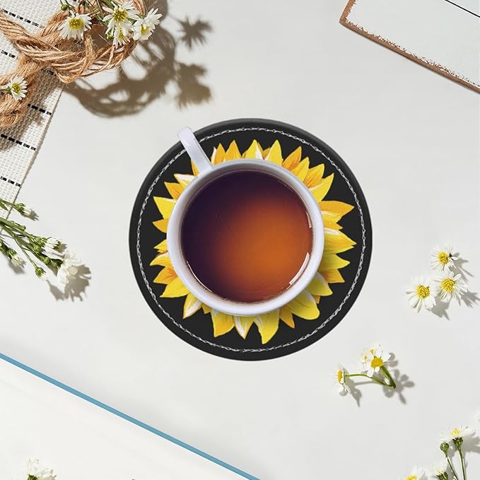 Coasters for Drinks PU Leather,Set of 6 with Holder,Round Housewarming Gift Home Decor,Black Watercolor Sunflower