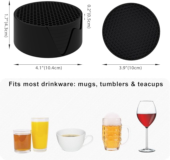 Silicone Coasters [8 Pack] with Holders Drink Coasters, for Hot or Cold Drinks Thickened, Non-Slip, Non-Stick (Black)