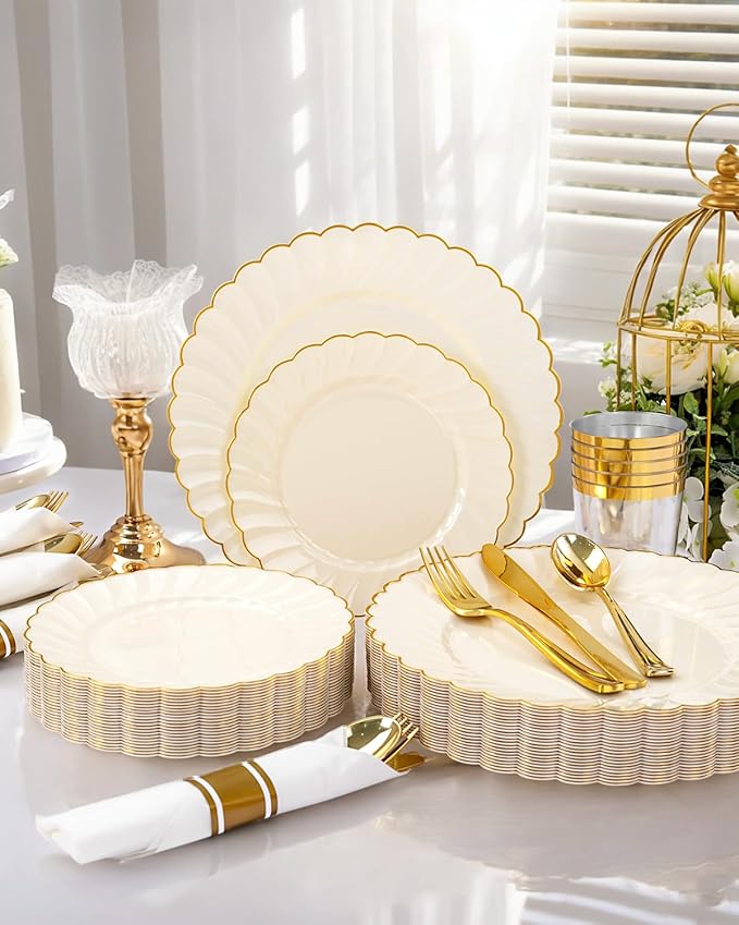 YOUBET 350PCS Ivory Scalloped Plastic Plates - Ivory and Gold Disposable Dinnerware Set Include 100 Plates, 150 Gold Silverware, 50 Cups, 50 Napkins for Wedding & Party