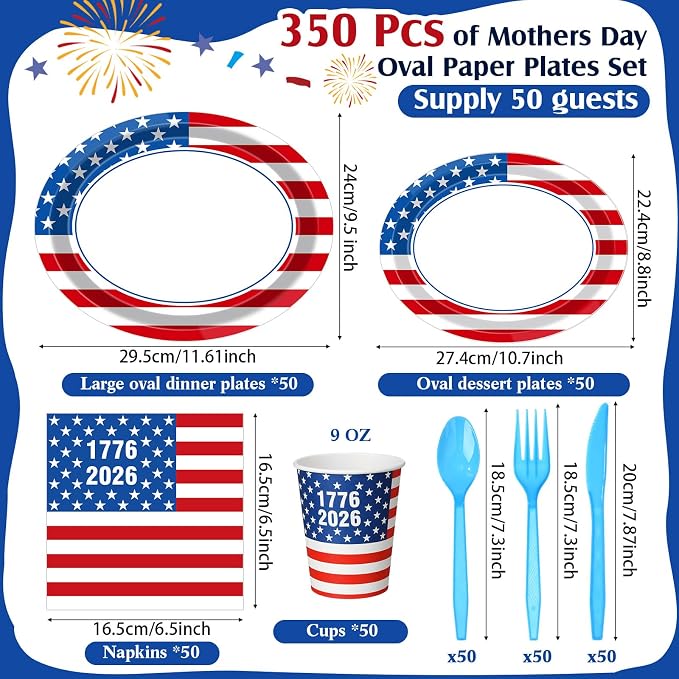 350 Pcs 4th of July Party Decorations 12 inch Disposable Patriotic Oval Plates - Image 2
