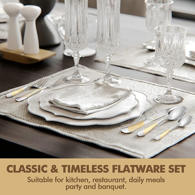 30-Piece Silverware Set, Luxury Gold Silverware Kitchen Flatware Sets Service for 6, Premium Cutlery Utensil Set with Dinner Knife Spoon Fork Set, Durable Stainless Steel Tableware Sets
