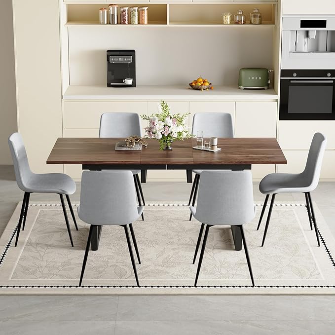Extendable Dining Table Set for 6, 55"–71" Modern Wood Kitchen Table with 6 Upholstered Chairs, Space-Saving for Living Room Apartment, Sturdy & Comfortable, Easy Assembly