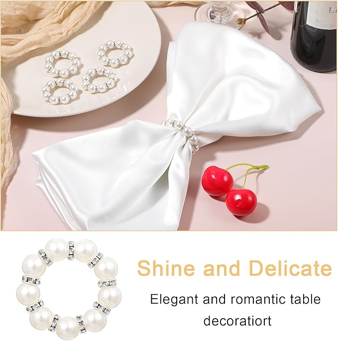 60Pcs Pearl Napkin Rings,Imitation Pearl Beaded Napkin Ring Holder,Serviette Napkins Rings Bulk for Wedding Reception Dinner Table Decor Banquet Home Party (White&Silver, 60Pcs)
