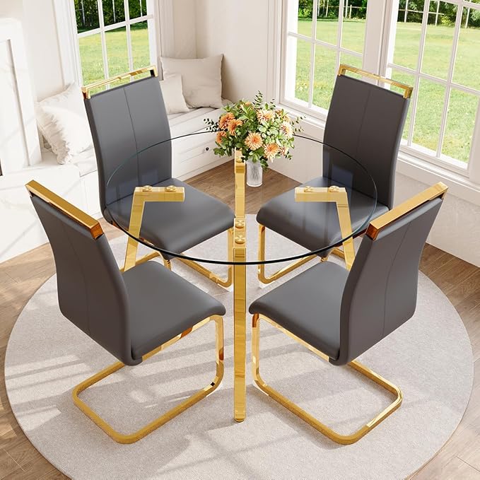 42" Round Glass Dining Table Set for 4,Modern Breakfast Table Set for 4 with Luxury Gold Chrome Legs,Space Saving Kitchen Table and Grey Chairs for Apartment,Easy Assembly