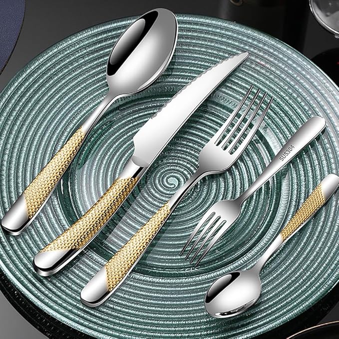 60-piece Luxury Gold-plated TWEE Silverware Set for 12 Palace Style Stainless Steel Flatware Cutlery Serving Utensils Eating Tableware for Home Kitchen Hotel Restaurant Mirror Polished