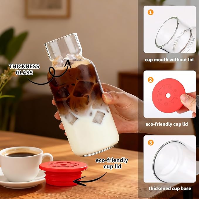 Glass Cup with Silicone Lid and Straw, 23 Oz Drinking Glasses Water Bottle Vintage Glassware for Iced Coffee, Juice, Cocktails, Whisky Tumbler for Gift 1 Pack