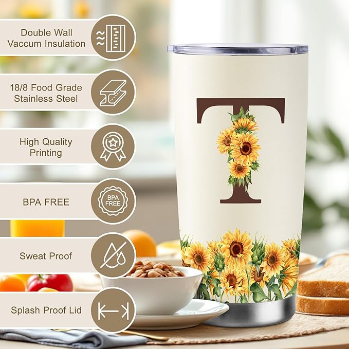 Sunflower Gifts for Women - Personalized Christmas Gifts for Women - Birthday Gift for Woman - Mothers Day Gift for Mom - Monogrammed, Initial 20oz Travel Cup Insulated Tumbler with Lid, T