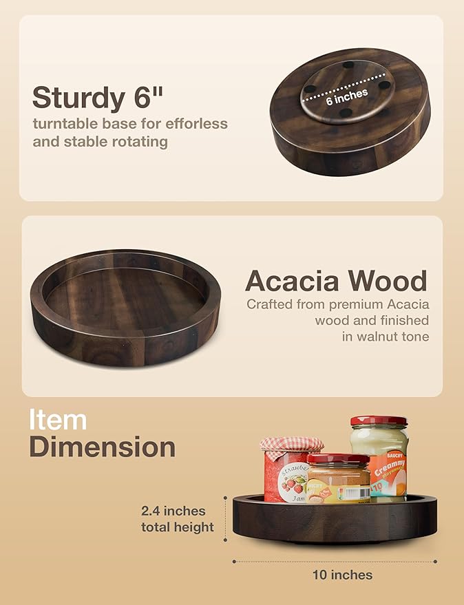 10” Small Lazy Susan Organizer, Acacia Wooden Lazy Susan Turntable for Cabinet - 360° Swivel Pantry Organizers and Storage for Home and Kitchen - Decorative Tray, Cheese Board (Walnut Color)