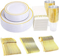 350 Pieces White and Gold Plastic Plates - 50 Guest Dinnerware Set Include 100 Plates, 50 Gold Plastic Silverware, 50 Paper Napkins and 50 Cups for Party Wedding Valentine's Day