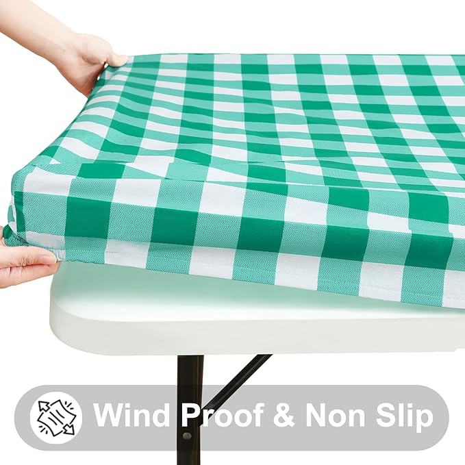 Smiry Rectangle Picnic Table Cloth, Elastic Waterproof Fitted Vinyl Tablecloths, Flannel Backed Buffalo Plaid Table Covers for Dining, Camping, Outdoor (White and Green, 36" x 72")