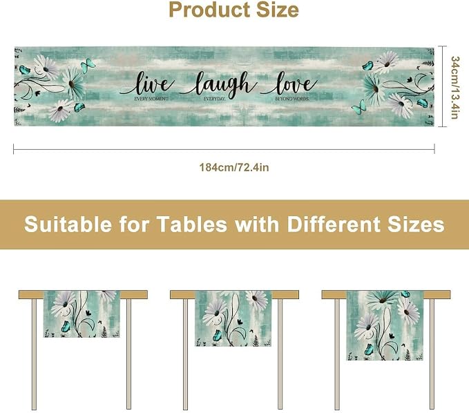 Daisy Floral Table Runner, Spring Summer Teal Floral Flower Boho Butterfly - Image 5