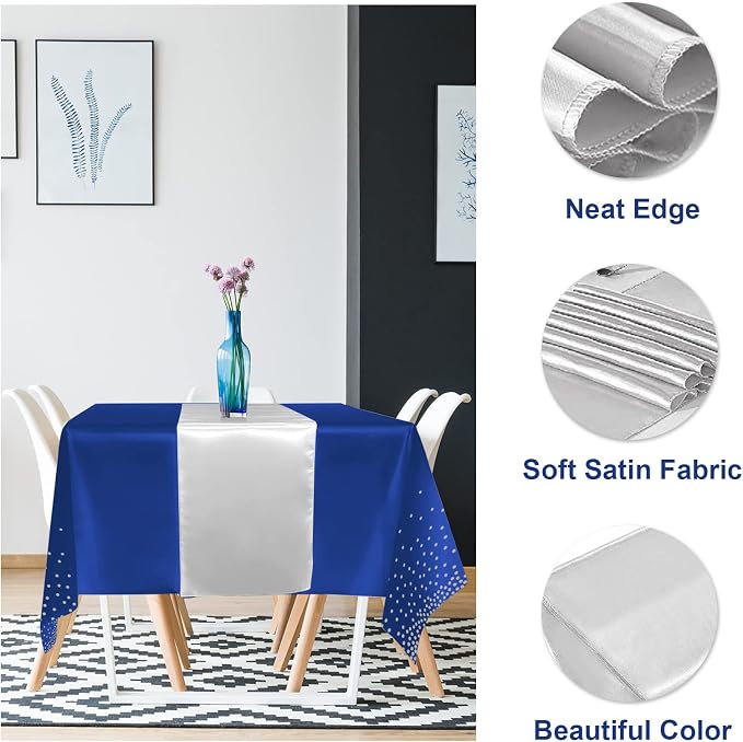 16Pack Disposable Plastic Tablecloths and Satin Table Runner Set Blue and - Image 3