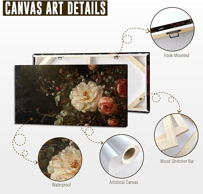 ADJUVANT Wall Art Vintage Peony And Rose Bouquet 60"L x 30"W, White Peony With Pink Roses Canvas Painting Elegant Floral Artwork Prints Botanic Wall Decor for Living Room Bedroom Dining Room Home Office