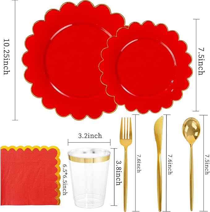 LIYH 210 Pcs Red Plastic Plates - Red Disposable Plates and Napkins Set, Gold Scalloped Plastic Plate Include Dinner & Dessert Plate, Silverware, Cups for Valentine's Day 30 Guests