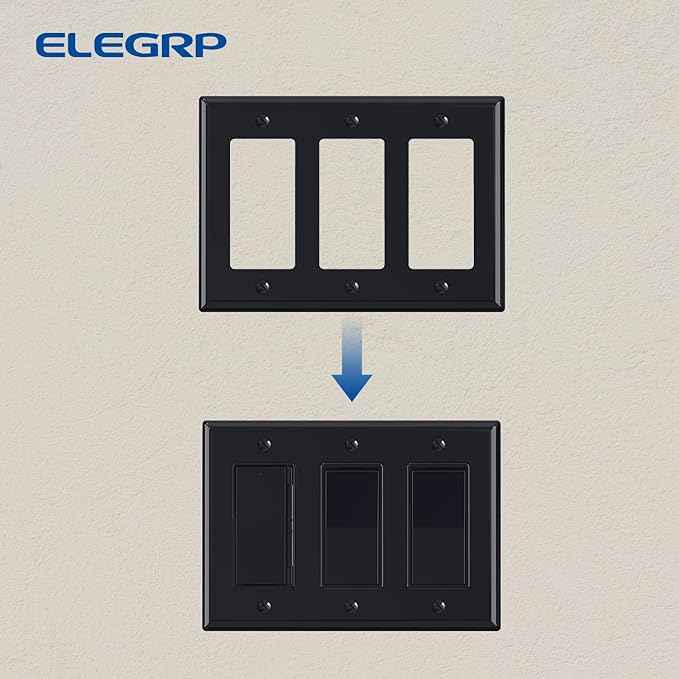 ELEGRP 3-Gang Decorative Wall Plates, Standard Size 4.53" H x 6.39" L Unbreakable Thermoplastic Faceplate Cover for Decorator Receptacle Outlet Switch, UL Listed (1 Pack, Glossy Black)
