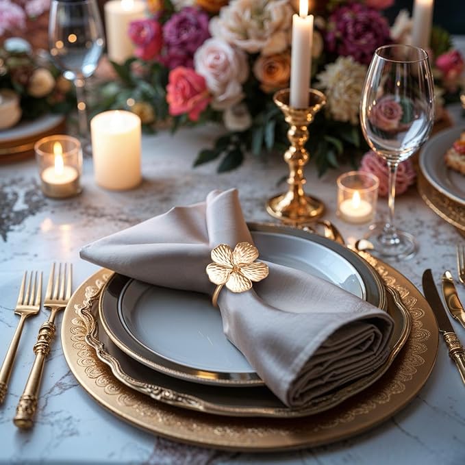 Decozen Set of 16 Gold Napkin Rings in Floral Design, Festive, Table Decor Setting for Holiday, Wedding, Birthday, Kitchen, Home Decor, Housewarming Gift - Mothers Day Decorations