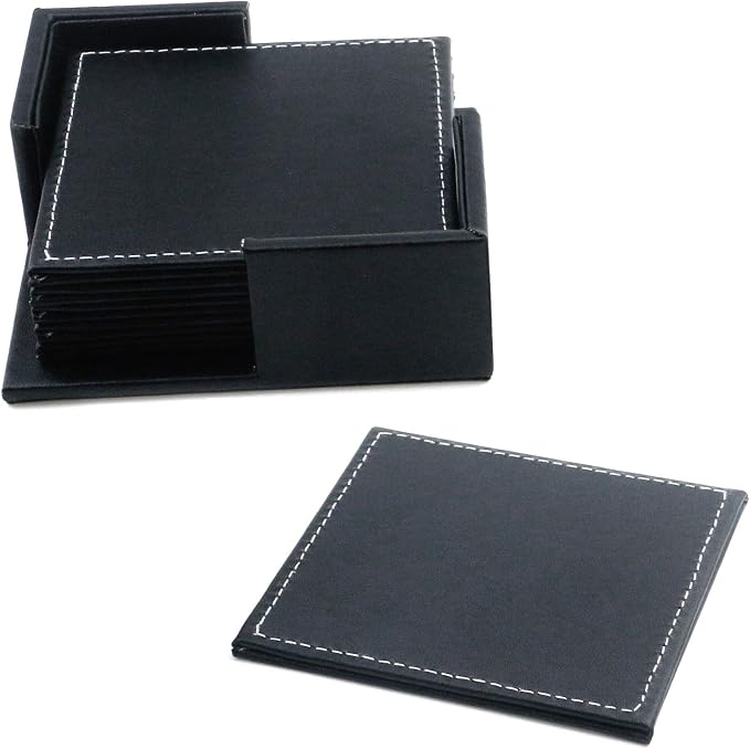 Semetall Drink Coasters 6 Pcs Premium PU Leather Square Coasters 4"x4"x0.2" | by Semetall