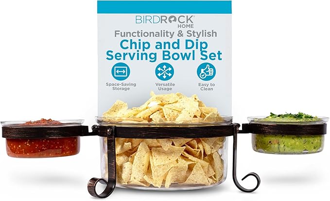 BIRDROCK HOME Chip and Dip Serving Bowl Set - Triple Glass Bowls with Metal Frame - for Party Appetizers, Taco Platter, Durable, Stylish Serveware with Compact Storage - Clear Glass, Black Frame