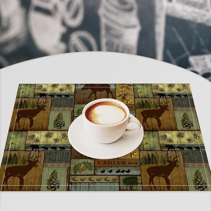 Rustic Bear Deer Placemats Wildlife Moose Forest Animal Cabin Lodge Lake Pine Heat-Resistant Linen Table Place Mats for Dining Kitchen Country Camp Style Farmhouse Decor 12x18 in 6 PCS