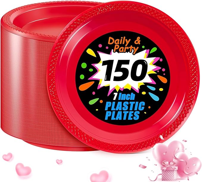 WELLIFE 7 Inch Red Dessert Plates 150 Count, Red Plastic Disposable Party Plates for Dessert Cake Appetizers Salad Easter Mother's Day