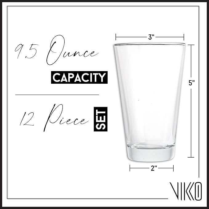 Vikko 9.5 Ounce Water Tumblers, All Purpose Drinking Glasses, Thick and Durable Construction, Tapered Design, Dishwasher Safe, Set of 12 Tall Glass Tumblers